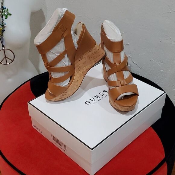 Guess Tan & Cork Wedge Sandals Gw Henra - Picture 1 of 11